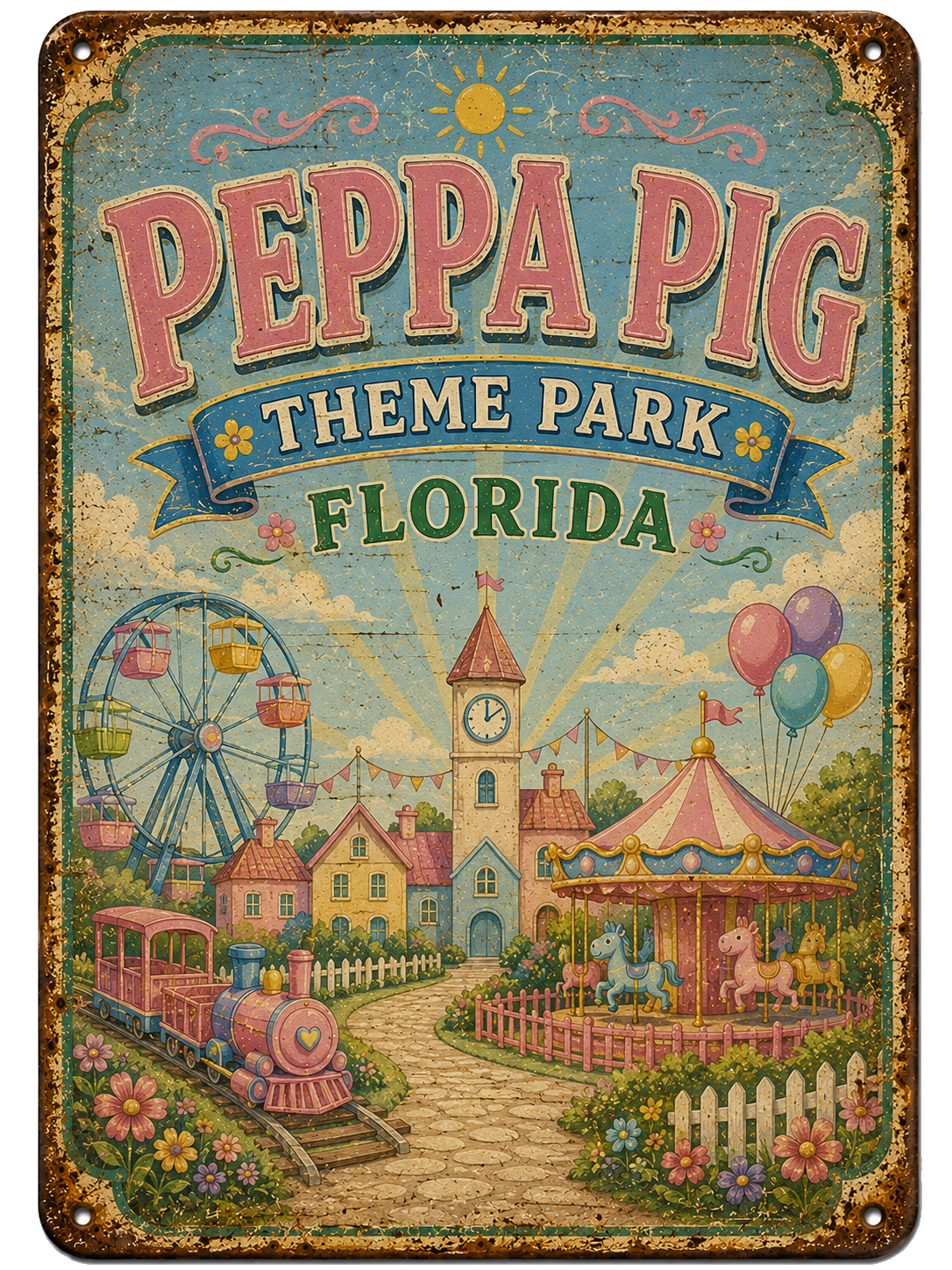 Peppa Pig Theme Park Florida approved vintage attraction sign