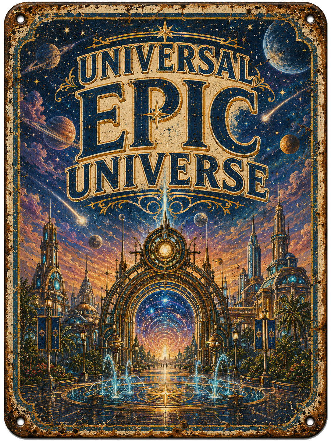Universal Epic Universe approved vintage attraction sign